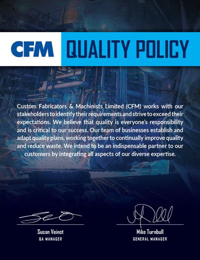 Accent graphic: CFM quality policy. Continue to body copy for full detail.