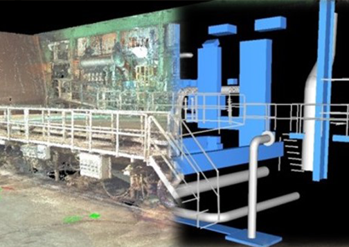 Side-by-side example of using 3D scanning to produce a model of an industrial setting